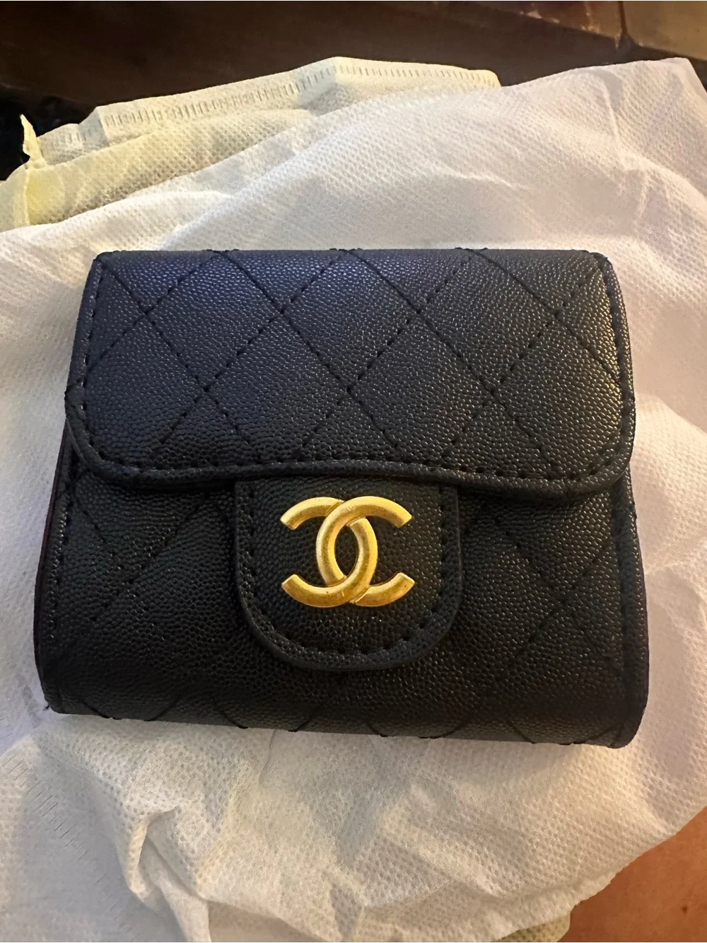Source Unknown Black Quilted Wallet-on-Chain with Gold Hardware